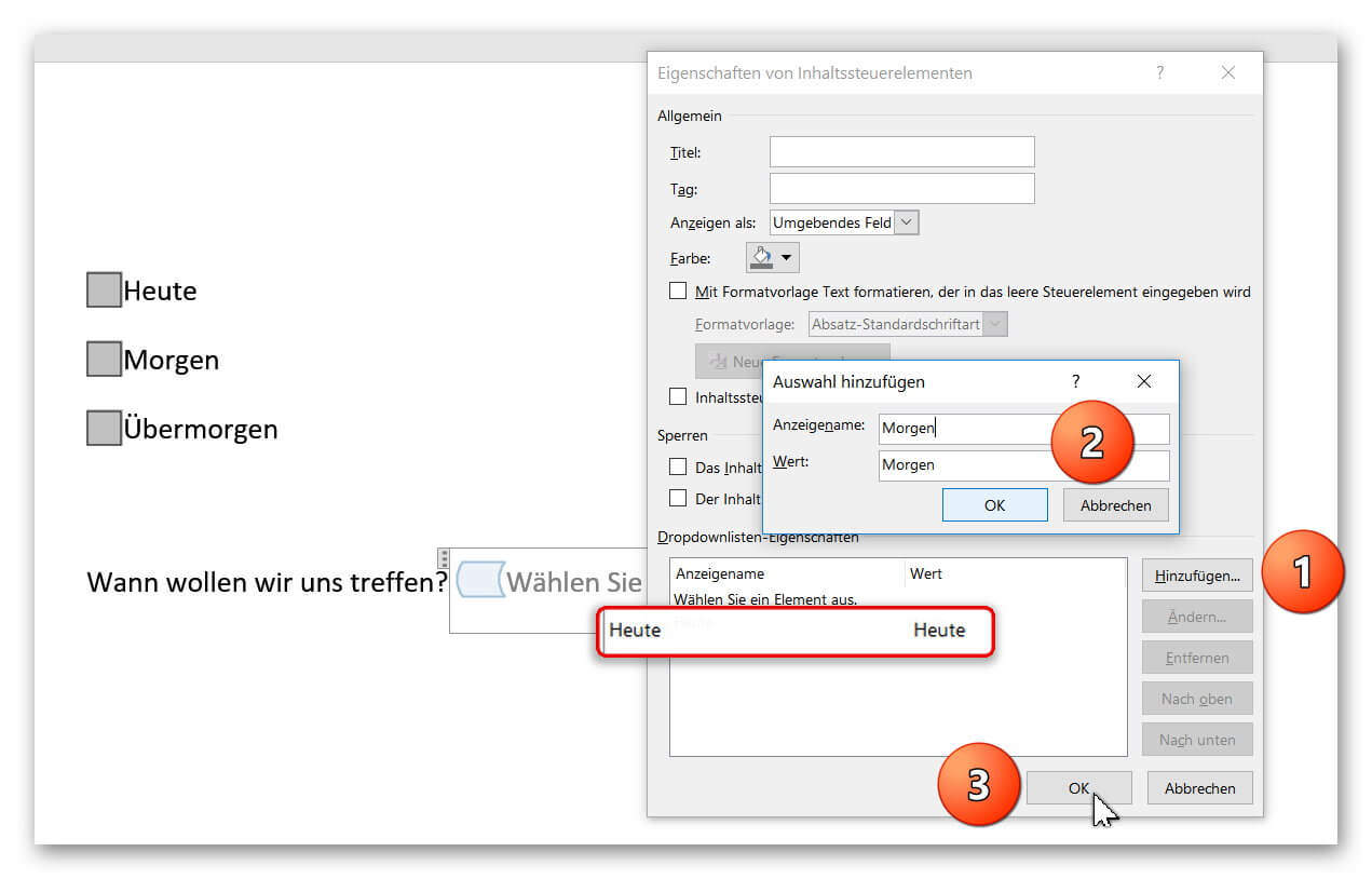 Word 2016 Dropdown anpassen