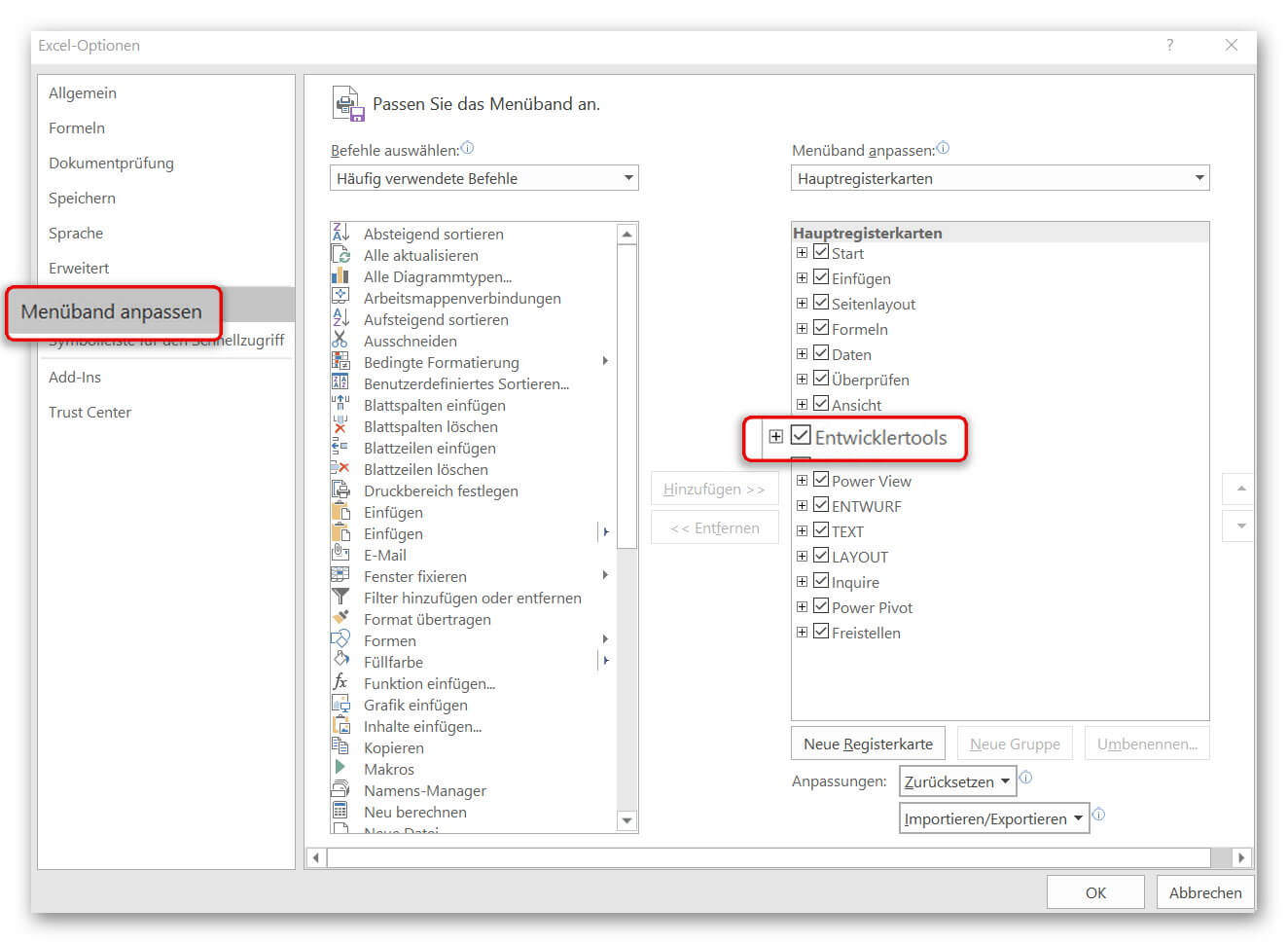 Entwicklertools in Excel