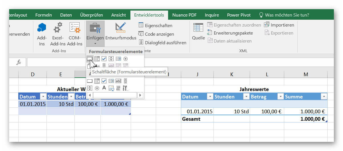 Button in Excel einfügen