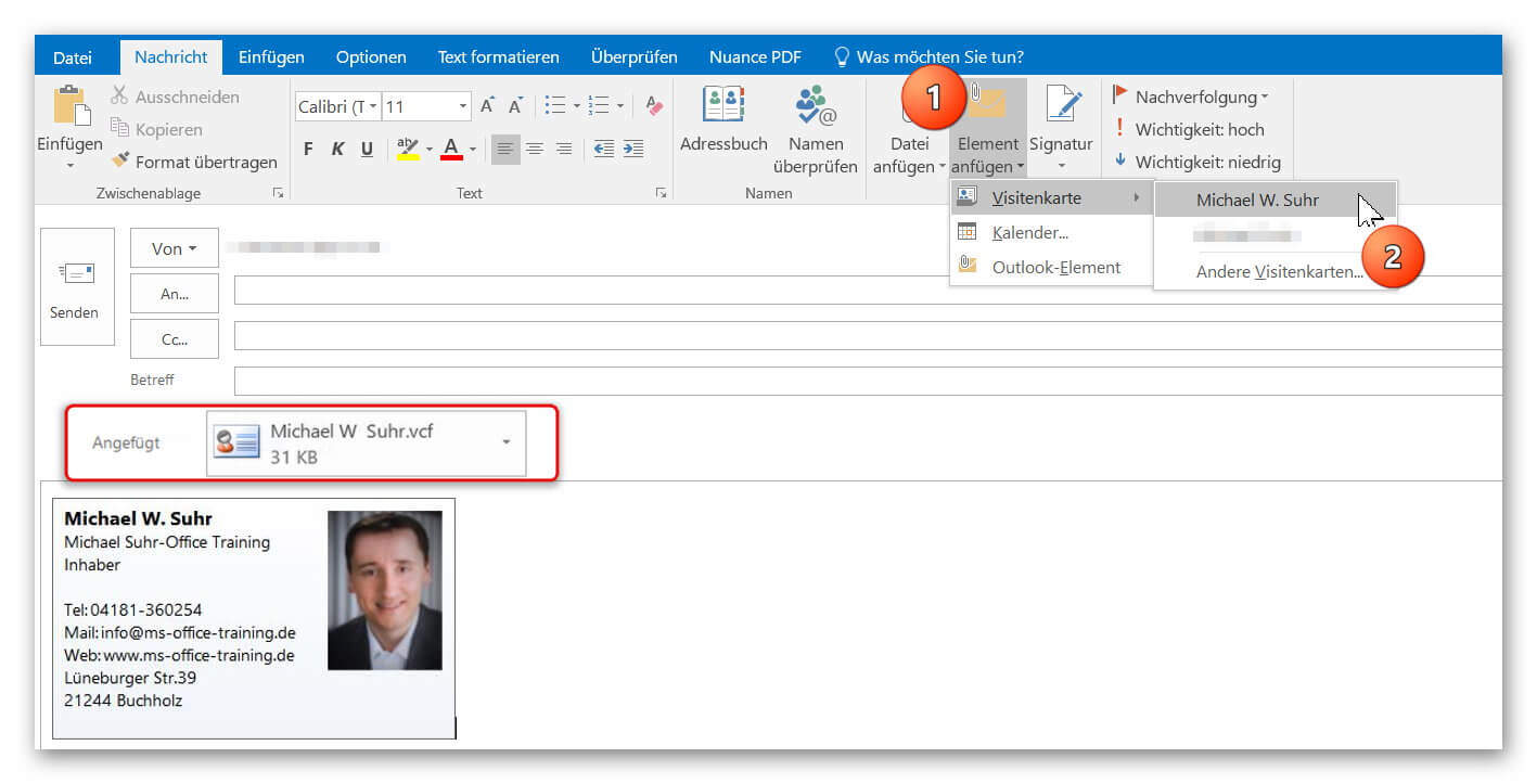 VCF in Outlook versenden