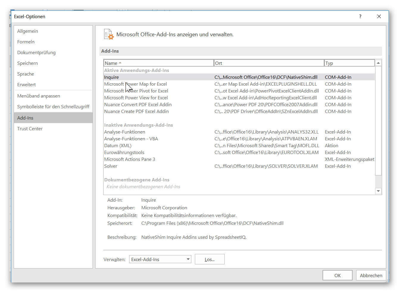 Excel Add-Ins anzeigen