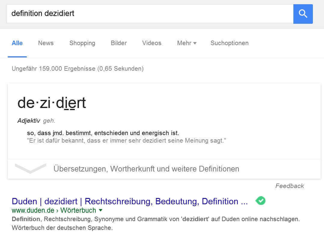 Definition von Fremdwörtern in Google