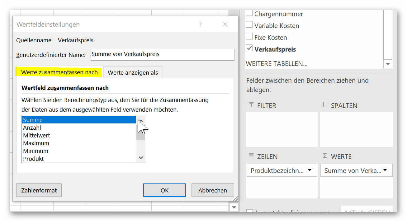 3.3 Wertfeldeinstellungen Pivot