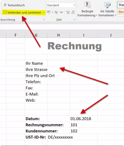 Absender in Excel Rechnungsvorlage