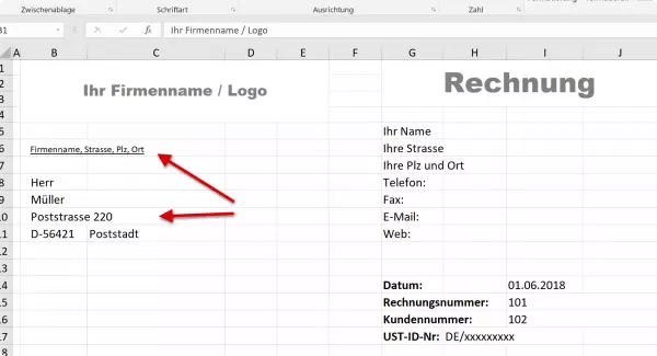 Empfängeradresse in Excel Rechnungsvorlage