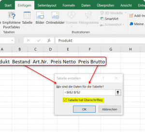 2. Dynamische Tabelle in Excel Datenbereich