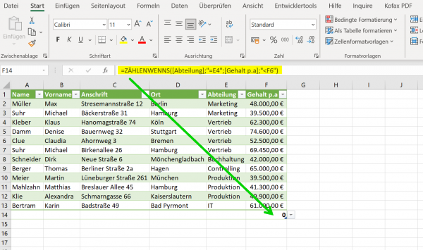 Funktion ZAEHLENWENNS in Excel