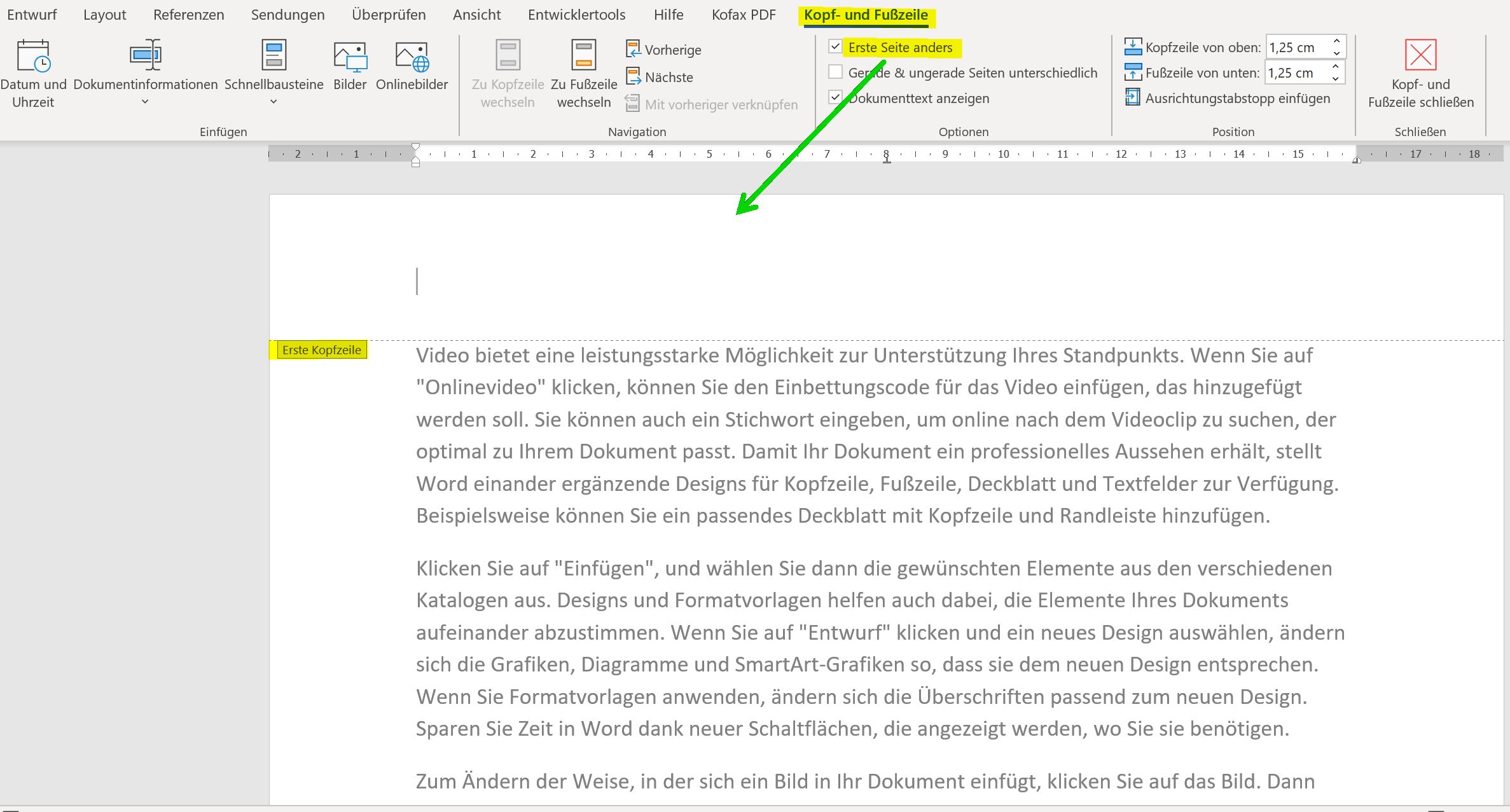 Kopfzeile erste Seite anders in Word