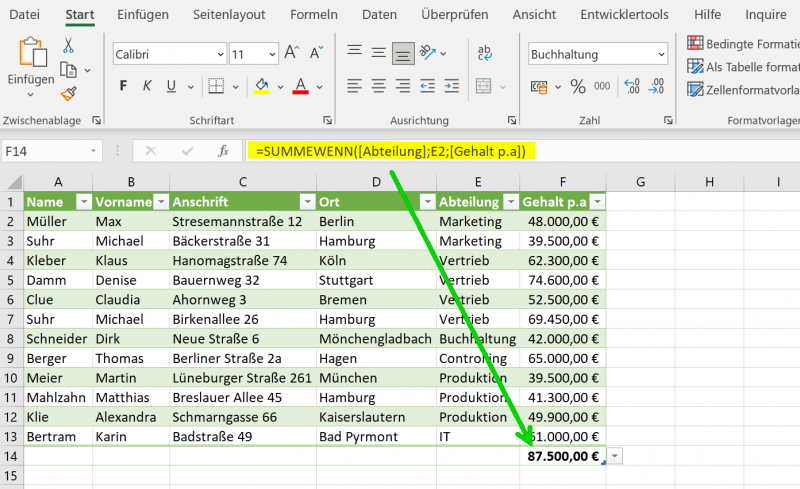 SUMME WENN in Excel