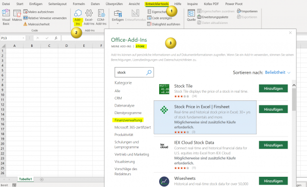 Aktienkurse in Excel mit Add Ins