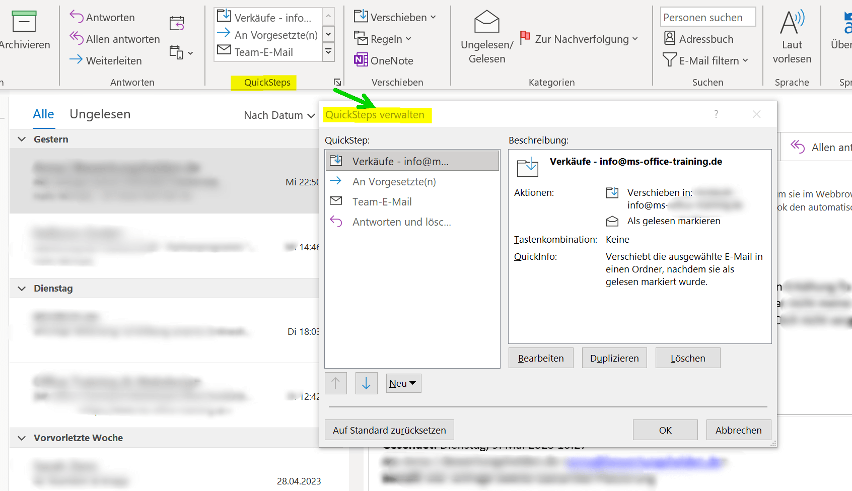 Outlook Quick Steps verwalten